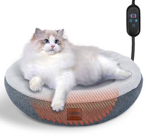 CATISM Cat Bed Heated, Self Warming Beds for Indoor Cats and Small Dogs, Cozy Donut Heated Bed with Timer & Temp Adjustable, Heating Cat Pad with Non-Slip Bottom