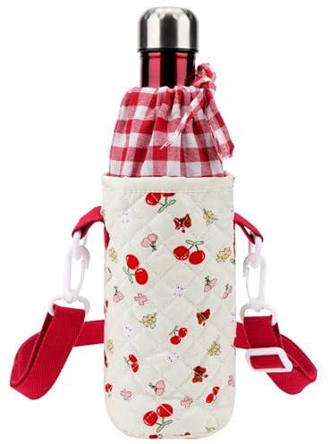 Linkidea Water Bottle Carrier with Strap Compatible with S ORIGINAL, BJPKPK 25oz Cola Shaped Bottle, Drawstring Waterbottle Sling Bag Holder Shoulder Strap, Cherry Bear