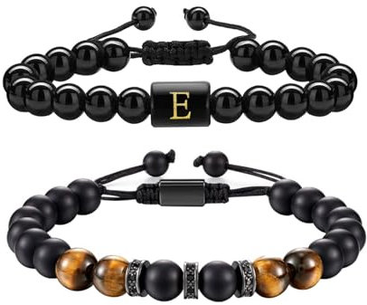 ZENGSING Perlenarmband Herren, 2 Stück Tigerauge Stein Armband Obsidian Buchstaben Armband, Verstellbare Yoga Perlen Armbänder, Partnerarmbänder mit Naturstein Perlen, Geschenk für Männer (E)