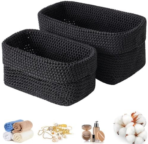 2er Set Aufbewahrungskorb Körbe Aufbewahrung Geflochten Baumwollseil, Stapelbare Häkelkorb Regalkörbe Wäschekorb Organizer Körbe, Gewebte Bad Körbe Für Handtücher Kosmetik Spielzeug Schmuck (Schwarz)