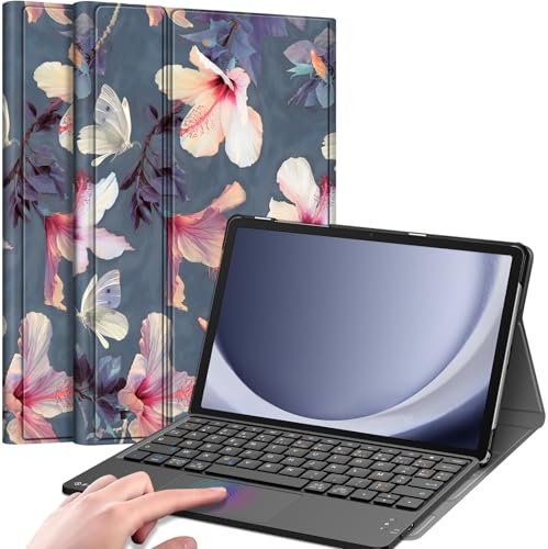 FINTIE Teclado Francés AZERTY para Samsung Galaxy Tab A9 Plus (A9+) 11 Pulgada 2023, Teclado Inalámbrico con Touchpad, Cubierta Multiposición, Flor de Hibisco