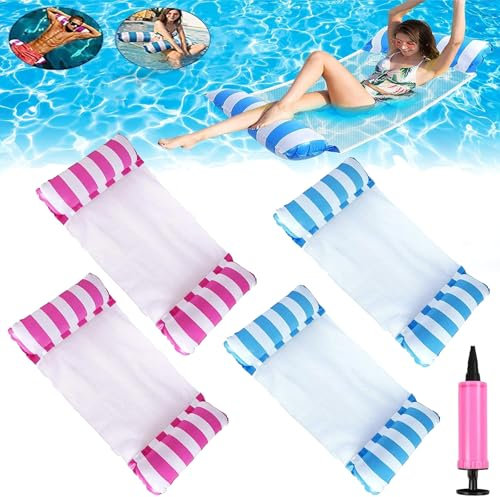 AOMAIGAD 4 Pcs Hamac Gonflable, Lit Flottant à Eau, Hamac Piscine, Flottantes Hamac, Hamac Gonflable Piscine, lit de Piscine Gonflable Pliant avec 1 Pompe à air (4PCS-2Bleu+2Rouge)