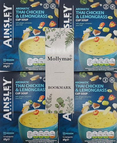 Ainsley Harriott Aromatic Thai Chicken & Lemongrass Cup Soup Bundle With Mollymae Bookmark. 12 Sachets (4 Boxes)