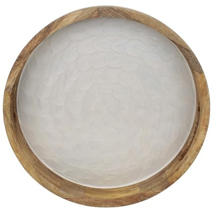 MACOSA NO27415 Holztablett Mangoholz Perlmutt Braun Creme 35 cm rund mit Griffen Tablett Dekotablett Tisch-Dekoration Kerzenteller Servierplatte Obsttablett Wohnaccessoire modern