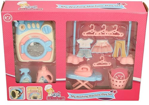 My Little Kitchen Washing Machine Play Set, Kids Pretend Laundry Toys with Clothes and Accessories, Pink and Blue