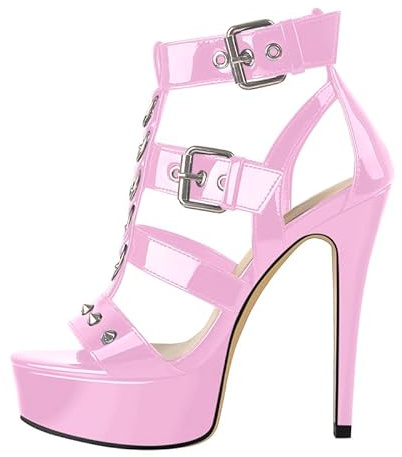 Only maker Damen Plateau Sandalen T-Spange High Heels Sandaletten mit Nieten Lackoptik