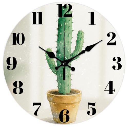 CHGCRAFT Modello stile cactus acquerellato Orologio da parete 12 pollici Orologi non ticchettanti Modello piante in vaso Funzionante a batteria per camera da letto soggiorno cucina ufficio