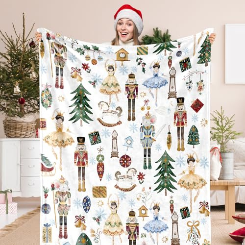 JarThenaAMCS Flauschige Weihnachtsdecke, weißer Nussknacker-Überwurf, Decke, 152,4 x 178,8 cm, Cartoon-Weihnachtsdecke, Flanelldecke für den Winter, Zuhause, Stuhl, Sofa, Bett, Couch