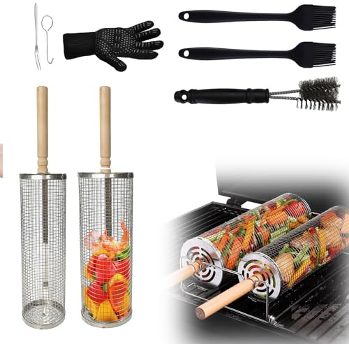 KATKLIU Rollender Grillkorb 2er Set aus Edelstahl 304 mit Abnehmbarem Holzgriff, Nestbar & Wiederverwendbar, Inkl eine Grillreinigungsbürste, Silikonpinsel & BBQ-Handschuh – für Camping
