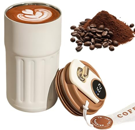 TGKYK Coffee Thermos Mug, 450ml Flask with Temperature Display, Thermal Mug, Insulated Coffee Mug, Portable Coffee Cup for Hot&Cold Drinks, Home, Travel, Office (Brown)