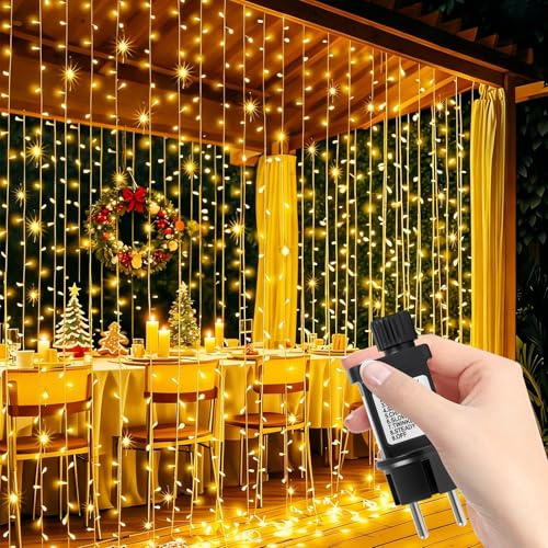 YIBONIKA Lichtervorhang Aussen 6m x 3m, 600 LED Lichterketten Vorhang mit Stecker, 8 Modi, Speicher und Timerfunktion, Wasserdicht Lichterketten Vorhang für Weihnachtsdeko Zimmer Balkon Außen Innen