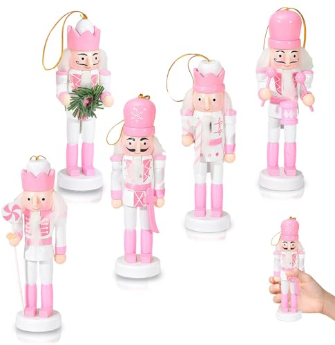 Pink Wooden Nutcrackers Soldier for Christmas,5Pcs 12.5cm Wooden Figure Ornament,Christmas Tree Tabletop Decoration,Small Nutcracker Soldier Puppet Doll Pendant Hanging for Tree,Xmas Gift Indoor Decor