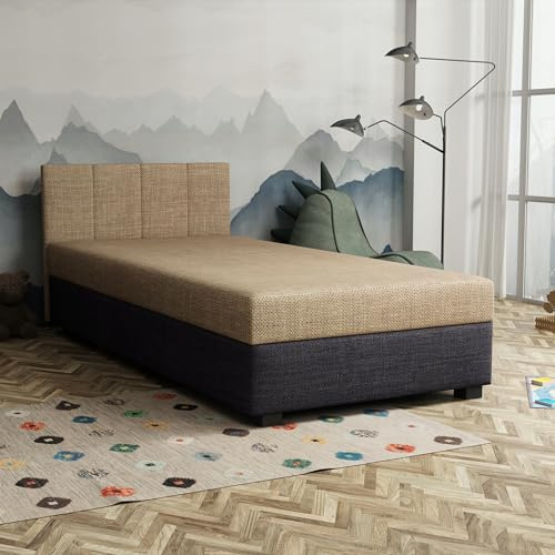 TAPCZANY24 - Boxspringbett Adel 120x200 cm mit Taschenfederkern Matratze | Bett mit Matratze, Polsterbett mit Bettkasten, Gepolstertes Einzel Bett, Schlafsofa - Goldbeige mit braunem Behälter