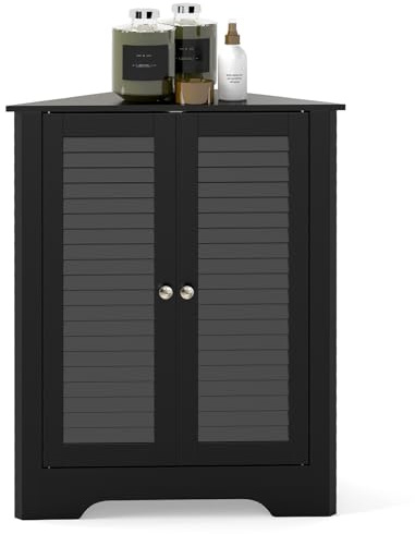 COSTWAY Triangle Bathroom Cabinet, Corner Bathroom Storage Unit Floor Cupboard with Shutter Door and Adjustable Shelf, Wooden Freestanding Cabinet for Living Room Kitchen Hallway (Double Door, Black)