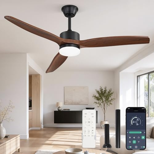 ZMISHIBO Ventilador de Techo con Luz 132 cm, 3 Aspas ABS Color Nogal, Motor DC Silencioso 35 dB, LED Regulable 3000–6000K, App y Mando, 6 Velocidades, con Barras de Suspensión