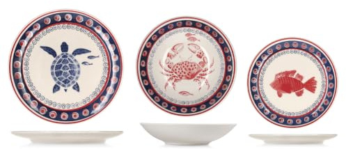 H&H Samoa Service de Table 18 Pièces en Grès Décoré, Vaisselle Complète pour 6 Personnes, Design Marin avec Poissons Rouges et Détails Bleus
