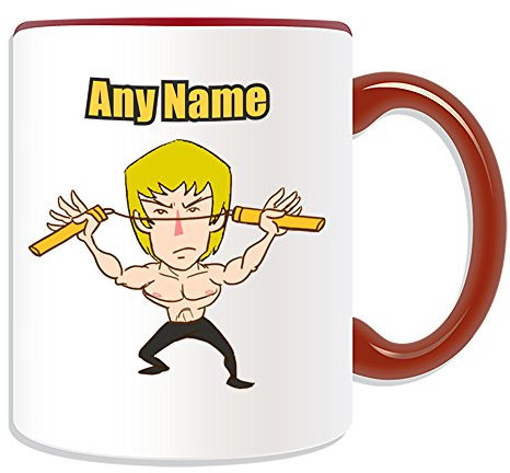 Personalisiertes Geschenk – Nunchaku Tasse Blonde (Martial Arts Design Thema, Farbe Optionen) – alle Nachricht/Name auf Ihre einzigartige – Kung Fu Kungfu Waffe Bruce Lee gelb Haar, keramik, rot