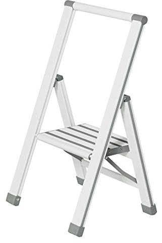 WENKO Leichte Aluminium Trittleiter mit 1 Stufe für 25 cm höheren Stand, rutschsichere XXL-Stufen, Design Klapptrittleiter, TÜV Süd Zertifiziert, 44 x 74 x 5,5 cm, Weiß