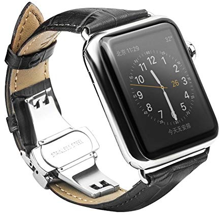 CoverKingz Leder Armband kompatibel mit Apple Watch Armband 42/44/45/49mm - Lederarmband für Apple Watch Series Ultra 2/Ultra/10/9/8/7/6/SE/5/4/3 - Ersatzarmband Faltschließe Schwarz