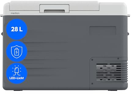 MEDION mobile elektrische Kompressor Kühlbox (28L Kapazität, elektrisch, Mini Kühlschrank & Gefrierbox, 12V 24V 230V, KFZ Adapter, für Auto LKW Wohnwagen Camping Boot Garten Festival, MD370027)
