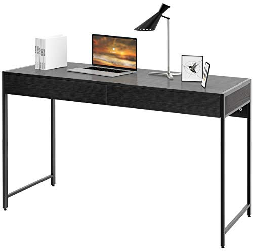 RELAX4LIFE Table Informatique à 2 Tiroirs avec Cadre en Acier Robuste, Bureau Style Industriel Charge Max. 100kg pour Bureau, Salon, 112x48x76cm, Café/Noir (Noir)
