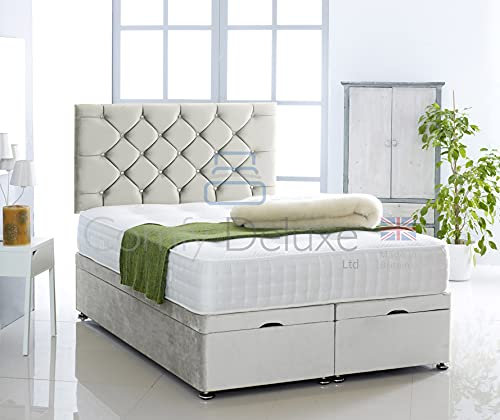 Comfy Deluxe LTD Plush Velvet Ottoman Storage Divan Bed Side Lift Opening With Chesterfield Headboard | Gas Lift Open Ottoman Bed Base And Headboard Only (Silver, 3.0FT Single)
