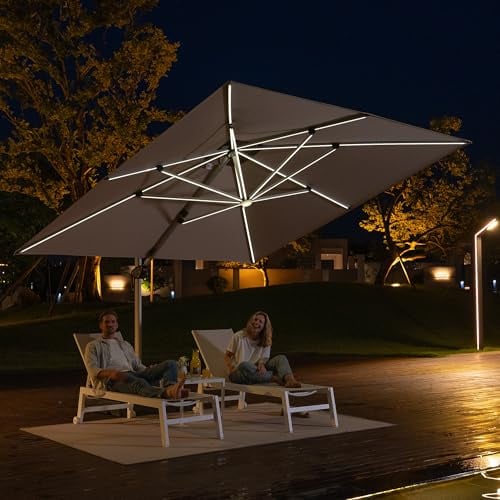 PURPLE LEAF Sonnenschirm 330 × 330 cm mit LED Solar, mit Kurbel, Beige | 360° Drehung Flexible Beschattungt, 6-fach Verstellbar, Solar-LED-Ambien, UV 50+ Polyester, Stabiler Alu-Rahmen, Ampelschirm