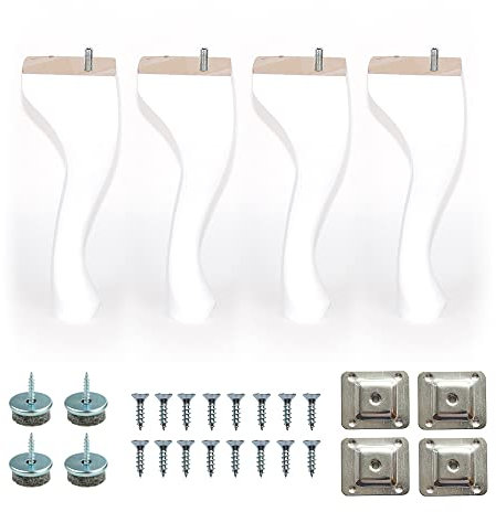 Britwood 8 in Queen Anne Wooden Furniture Replacement Legs Colours M8 Thread With Level Mounting Plates Protective Felt Pads Set Of 4 For Sofa Cabinet Chair Bed Ottoman (White), Four Seats, 11