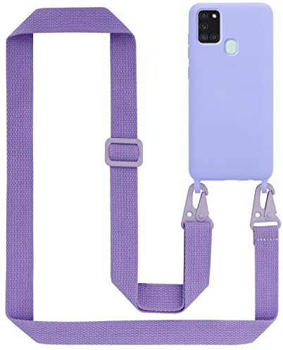 Cadorabo Handykette kompatibel mit Samsung Galaxy A21s Schutzhülle TPU Liquid Silikon Case Necklace mit verstellbarem Band Kordel Band mit Etui Rundumschutz Case Hülle für Galaxy A21s in Lila