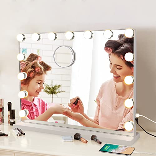 Depuley Hollywood Schminkspiegel mit Beleuchtung, Spiegel mit Licht 15 immbare LED Leuchten, USB, 3 Farbtemperatur Licht, Touch-Steuerung, weiß Kosmetikspiegel für Schminktisch Salon, 58x45cm