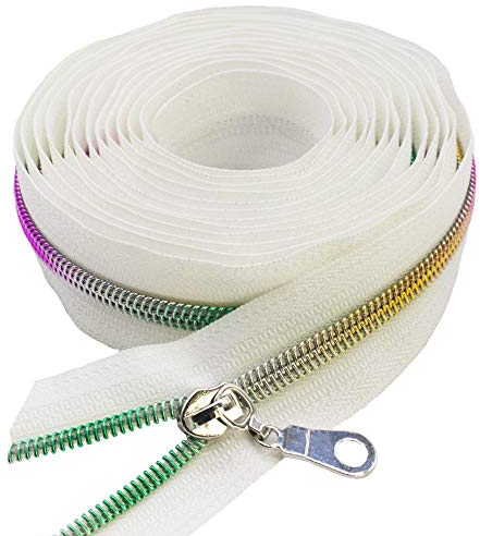 MebuZip 9 m Regenbogenzähne endlos Reißverschluss Meterware Reißverschluss Nylon 6mm-Spirale + 25 Nonlock-Zipper für Taschen Deko DIY Basteln Nähen (Regenbogenzähne Weiße)
