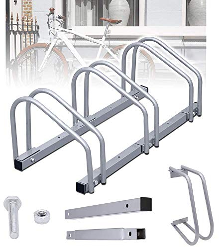 Randaco Rastrelliera per Biciclette, Cavalletto per bicicletta, multiplo per 3 biciclette, supporto per bicicletta, per montaggio a pavimento e a parete, HBT 26 x 70,5 x 32 cm, argento
