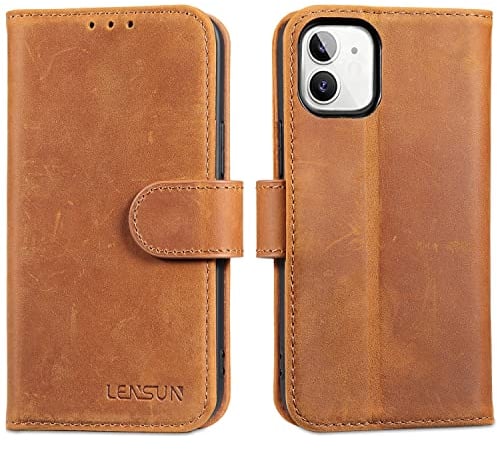 LENSUN Echtleder Hülle für iPhone 12 Mini, Handyhülle [Echtes Leder][Magnetverschluss][RFID Schutz] Flip Handytasche Lederhülle für iPhone 12 Mini 5G - Vintage Braun
