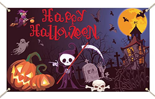 XPOOP Halloween Deko Horror Banner, Halloween Banner, Happy Halloween Banner, Halloween Deko Horror Hintergrund Banner Extra Lang, Halloween Eve Garten Draussen drinnen Party Dekoration 110 x 185 cm
