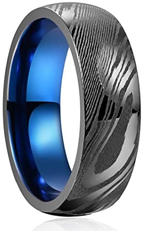 VAKKI Alliance en acier Damas gris acier de 8 mm pour homme avec bague intérieure bleue confortable taille N 1/2 à X 1/2, Acier de Damas
