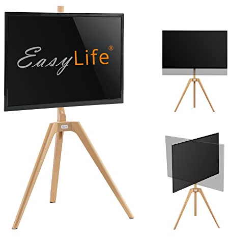 EasyLife - Trípode de Madera para TV, Soporte para TV de hasta 65 Pulgadas y 40 kg, Giratorio, Altura Ajustable, gestión de Cables, VESA hasta 400 x 400 cm (Negro/Haya Claro)