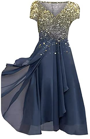 Robe De Cocktail Femme Chic Et Elegant Mi Longue Robe Soiree Paillette Grande Taille Robe De Bal en Dentelle Mousseline Manche Courte Demoiselle Honneur pour Fête Cérémonie Anniversaire Bal Mariage