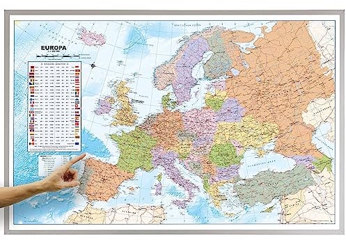 ORBIT GLOBES & MAPS - Politische Europakarte in deutsch, Pinnwand mit Holzrahmen, Aktuell 2025, 90x60 cm, deutsch, Maßstab 1:46 Mio mit Fähnchen und Pins sowie Befestigungsmaterial