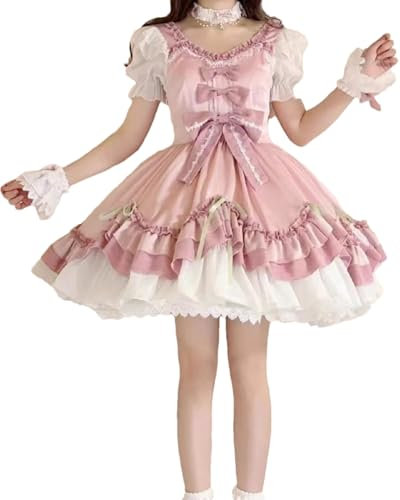 Packitcute Robe d'été avec ourlet à volants pour adolescents - Robe de cocktail mignonne Lolita avec nœud en dentelle - Taille haute, rose, Taille S