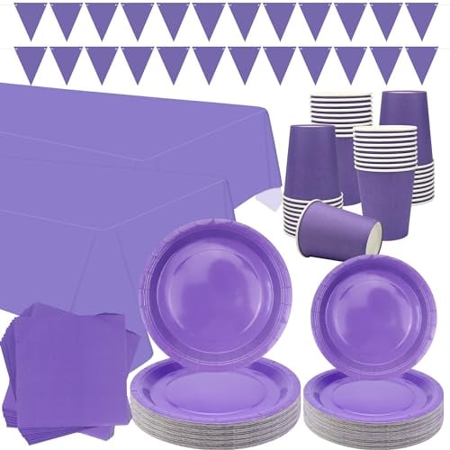 Vajilla de fiesta morada – Sirve para 40, vajilla de decoración pastel incluye platos, tazas, servilletas, pancarta, mantel para boda, cumpleaños, baby shower (morado, 40)