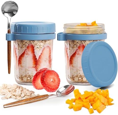 Overnight Oats Jars, Reusable Overnight Oats Jars with Lids and Spoons, 350ML Airtight Glass Overnight Oats Container with Measurement Marks, Overnight Oats Jars for Salads Yogurt Cereal Milk(Blue)
