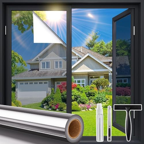 Windimiley Fensterfolie Sonnenschutz Spiegelfolie Fenster Sichtschutz, Blickdicht von Aussen Sonnenschutzfolie 45x200cm, Selbsthaftend UV-Schutz Hitzeschutz Wärmeschutzfolie für Büro Silber-Silber