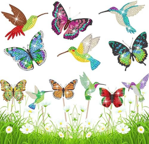 EEEKit Diamond Painting Art Garden Stakes, 12PCS Butterfly Hummingbirds Ornaments Sticks Set for Plant Garden Outdoor Decor