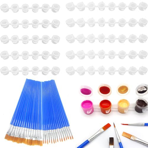 Annickee 40 Pcs Paint Brushes Set - 30 Pcs Brushes for Detail Painting & 10Pcs 3ml Empty Paint Pots Strips, 2 Shapes - 15 Round and 15 Flat, Storage Containers With Lids, for Student, Art, School
