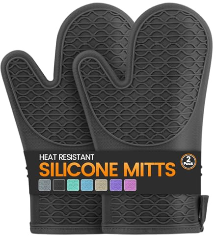 Silikon-Ofenhandschuhe, hitzebeständig, 2 Stück, Ofenhandschuhe mit weichem Baumwollfutter, wasserdicht, rutschfester Griff, Topflappen, Handschuhe für Grillen, Backen, Kochen, 32,5 cm, Schwarz