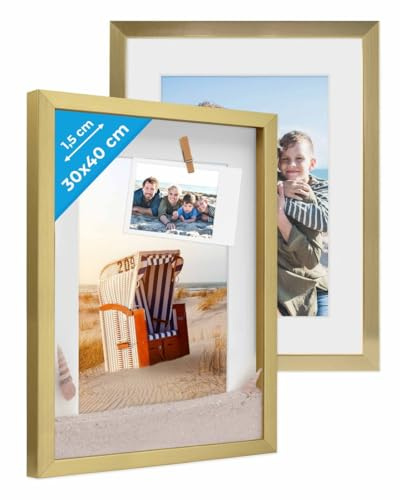 PHOTOLINI 3D Bilderrahmen zum Befüllen 30x40 Gold groß, 1,5 cm tiefer Objektrahmen mit Glas, 2X tiefer Bilderrahmen 30x40 Holz MDF mit Passepartout, Dicker 3D Rahmen befüllbar für Gegenstände