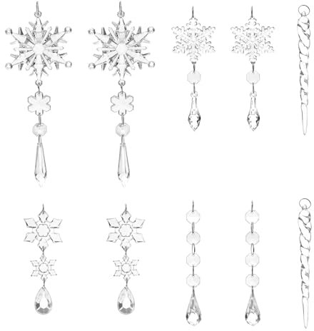 haweeli 10 Piezas Adornos de Carámbano + Copo de Nieve Navidad, Acrílico Transparente Decoraciones Colgante para Árbol de Navidad
