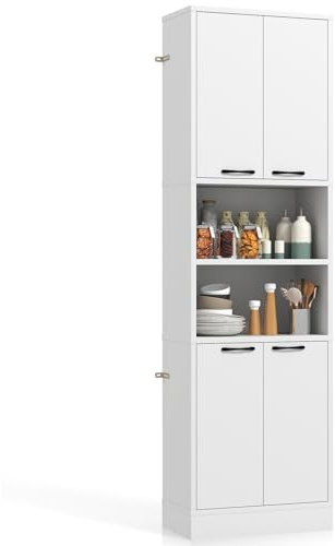 GOPLUS Küchenschrank Holz, 190cm Hochschrank mit 4 Türen & offenen Ablagen, Buffetschrank, Vorratsschrank für Küche & Wohnzimmer & Badezimmer, 56 x 30 x 190 cm