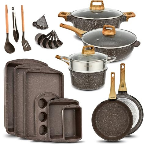 Bakken- Swiss Juego de utensilios de cocina – Revestimiento de granito antiadherente, ollas y sartenes con empuñaduras y tapas de vidrio templado, PFOA, PFOS, libre de PTFE, temperatura máxima de