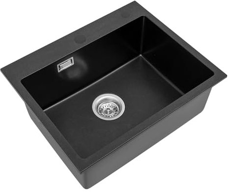 Fregadero de cocina de piedra de cuarzo rectangular con escurridor, tubo de desagüe para cocina para fregadero y encimera de cocina (negro, 55 x 45 cm)